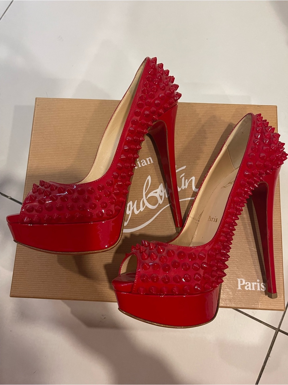 Christian Louboutin Lady Peep Spikes red